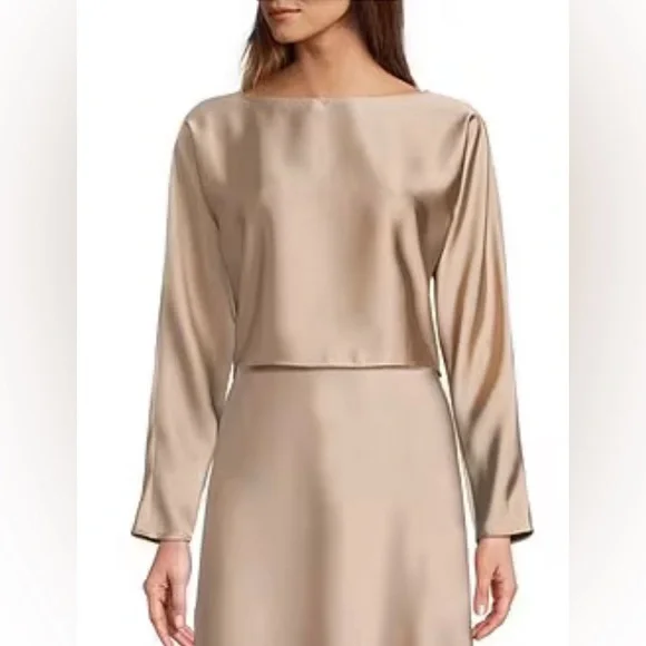 Antonio Melani Blyss Drapey Satin Boat Neck Long Sleeve Champagne Blouse Size L - Picture 1 of 10